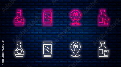 Set line Beer can, Alcohol or beer bar location, Bottle of cognac brandy and vodka with glass. Glowing neon icon on brick wall. Vector
