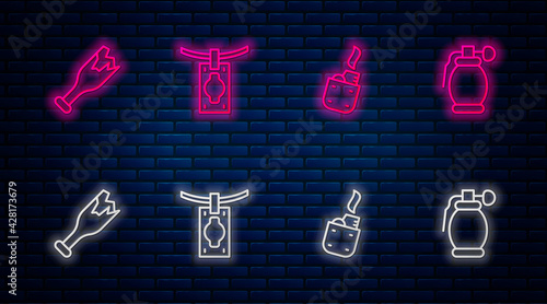 Set line Money laundering, Lighter, Broken bottle as weapon and Hand grenade. Glowing neon icon on brick wall. Vector