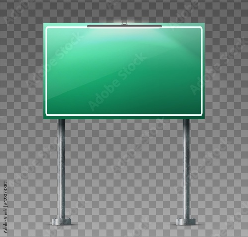 Vector road highway green sign with light spotlight.