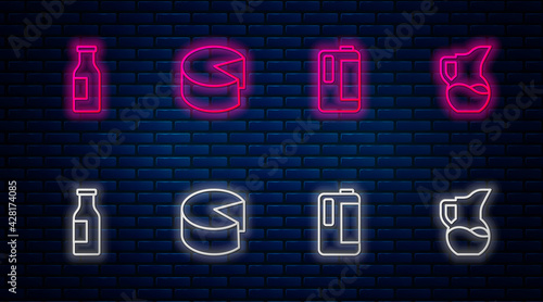 Set line Cheese, Milk in plastic bottle, Bottle with milk and jug or pitcher. Glowing neon icon on brick wall. Vector