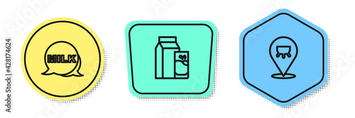Set line Lettering milk, Paper package for kefir and Udder. Colored shapes. Vector
