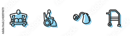 Set line Hearing aid, Man without legs sitting wheelchair, Woman and Walker icon. Vector