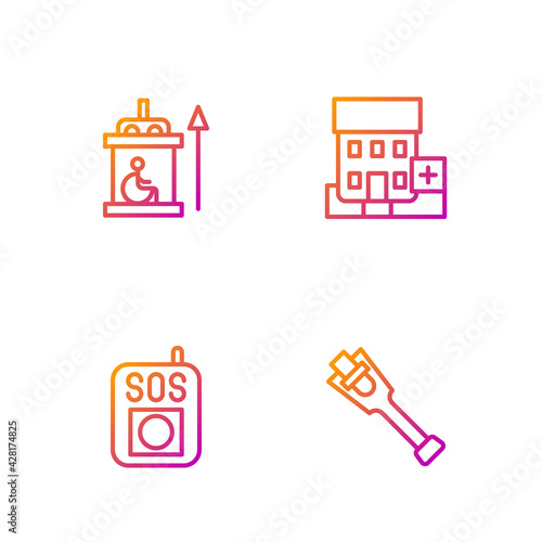 Set line Prosthesis leg, Press SOS button, Elevator for disabled and Medical hospital building. Gradient color icons. Vector