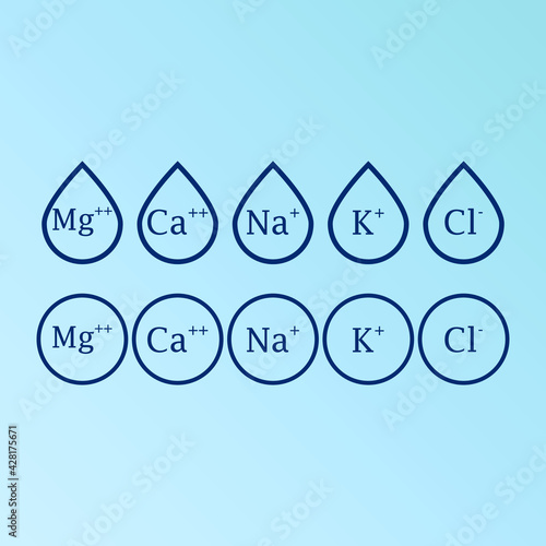Set of blue electrolyte modern icons - Calcium, Sodium, Magnesium, Potassium and Chlorine ion symbols for Mineral product, mineralized water, health care and education