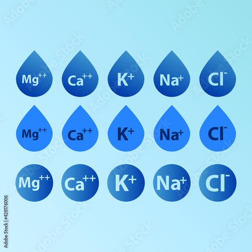 Set of blue electrolyte modern icons - Calcium, Sodium, Magnesium, Potassium and Chlorine ion symbols for Mineral product, mineralized water, health care and education