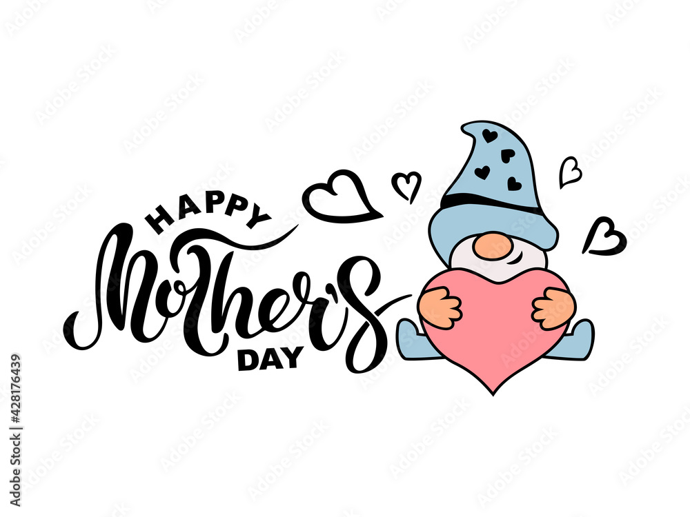 Naklejka premium Handwritten lettering Happy Mother's Day and cute gnome on white background. Vector illustration.