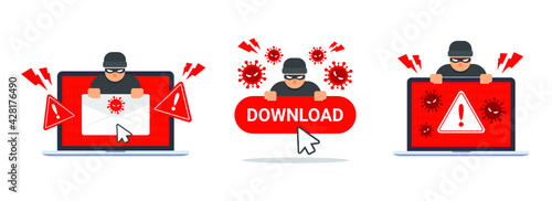 Collection of computer virus detection icons. System error warning on a laptop. Emergency alert of threat by malware, virus, trojan, phishing, or hacker. Creative antivirus concept. Vector flat style. photo