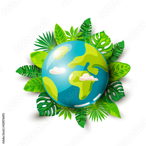 Planet Earth and tropical leaves on white background. Ecological concept. Save forest and jungle. Planet day. Planet week. Vector illustration.