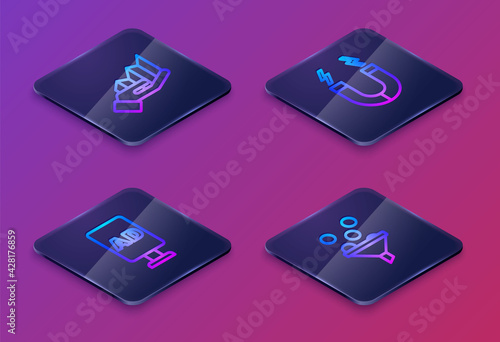 Set Isometric line Pie chart infographic, Advertising, Magnet and Lead management. Blue square button. Vector