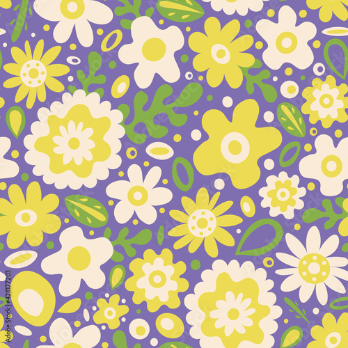 Cute and colorful 60s style pattern with graphic flowers, leaves and dots on violet background. Funky and bright floral print, retro style, spring 