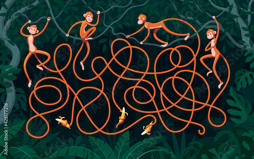 Four monkeys with long tails hang from vines in a dark forest. Guess which monkey didn't get the banana? Children's puzzle with a maze.