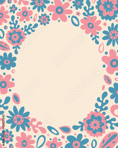 Cute and romantic fresh spring 60s style circular frame with graphic flowers and leaves on light background