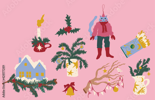 Vector illustration set with Christmas decorations and ornaments. Cute cat, little house, bell with ribbon, jug, fir branches, fairy lights, candle, letter, mistletoe. Festive, new year, for kids