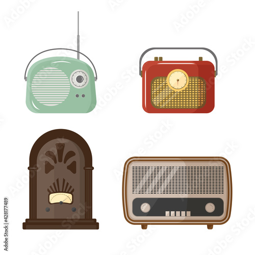 Retro radio set. Collection of vintage radios: 30s, 50s, 60s, 70s style.