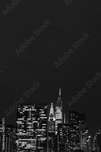 Dark Black and White Nighttime Midtown Manhattan Skyline in New York City