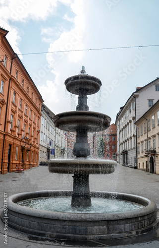 Water fountain on New Square in the historical center of Ljubljana in Slovenia
