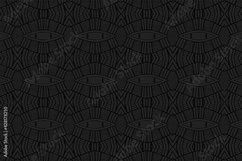 Geometric volumetric convex black background. Ethnic African, Mexican, Native American motives. Abstract handmade style. 3D relief extravagant figured pattern for design decoration.
