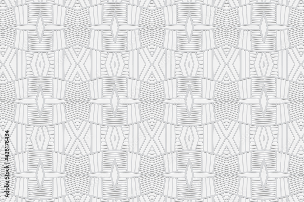 Geometric volumetric convex white background. Ethnic African, Mexican, Native American motives. Abstract handmade style. 3D relief pattern with figures and lines for design decoration.