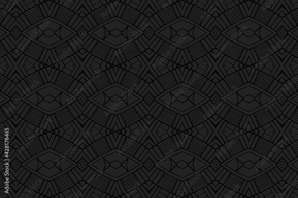 Geometric volumetric convex black background. Ethnic African, Mexican
