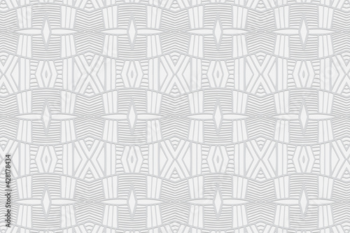 Geometric volumetric convex white background. Ethnic African, Mexican, Native American motives. Abstract handmade style. 3D relief pattern with figures and lines for design decoration.