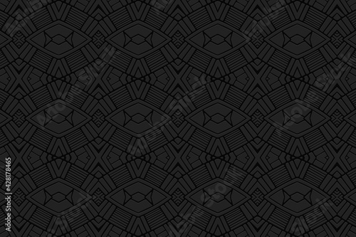 Geometric volumetric convex black background. Ethnic African, Mexican, Native American motives. Abstract handmade style. 3D embossed decorative pattern with figures and lines.