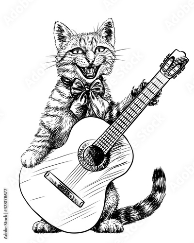 Cat. Wall sticker. Graphic, black and white sketch cute kitten with a guitar on a white background. Digital Vector graphics.