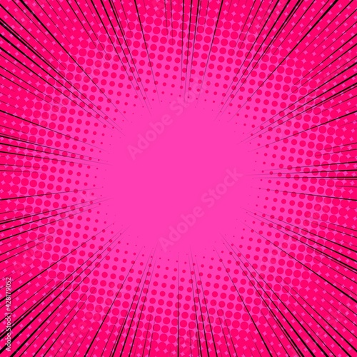 Radial Speed Line background. Vector illustration. Comic book black and pink radial lines background. Halftone.