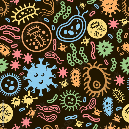 Seamless bacterium virus cell microorganisms pattern on black background. Germs, protists, microbes, protozoa Vector illustration