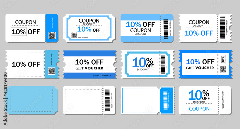 Set of coupon ,ticket card,gift vouchers.Coupon Card element template for graphics design.Gift vouchers or certificates of promotion sale 10 percent discount.Vector templates. - obrazy, fototapety, plakaty 