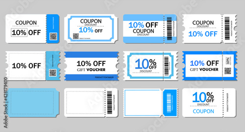 Set of coupon ,ticket card,gift vouchers.Coupon Card element template for graphics design.Gift vouchers or certificates of promotion sale 10 percent discount.Vector templates. photo