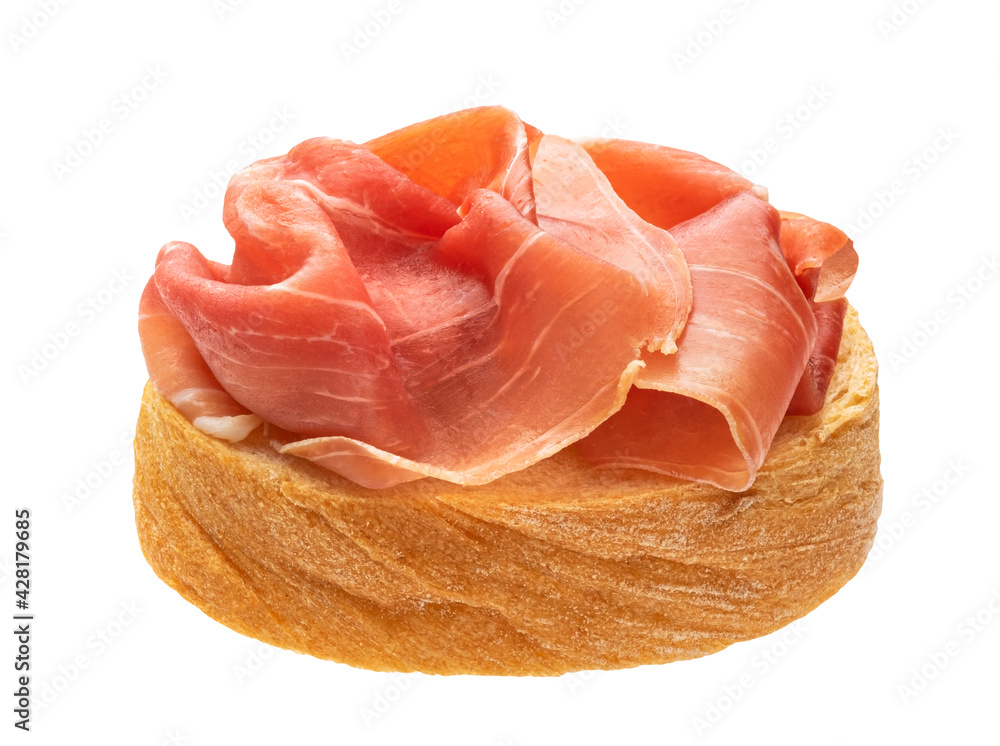 Bread with prosciutto isolated on white background