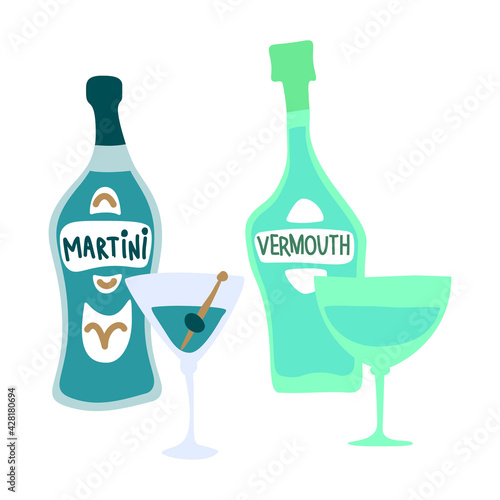 Martini and vermouth bottle and wineglass on white background. Cartoon sketch graphic design. Doodle style. Hand drawn image. Party drinks concept. Freehand drawing style