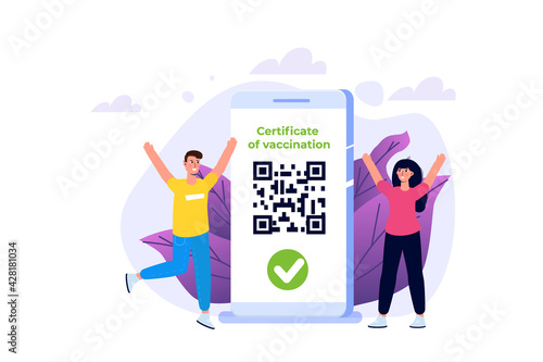 New normal, Vaccine mobile certificate or passport, QR code on application. Vector illustration.