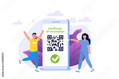 New normal, Vaccine mobile certificate or passport, QR code on application. Vector illustration.