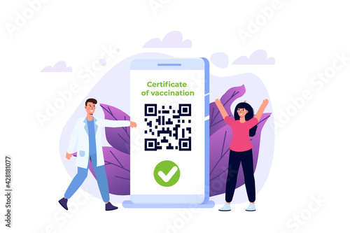 New normal, Vaccine mobile certificate or passport, QR code on application. Vector illustration.