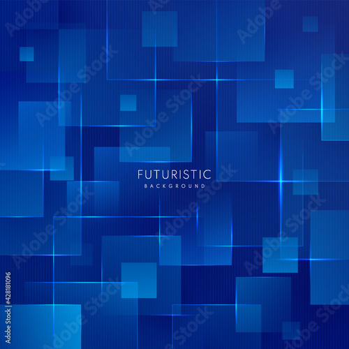 Abstract technology geometric background with copy space. Square dark blue color overlap layer pattern. Modern futuristic concept. You can use for cover, poster, banner web, Landing page, Print ad.
