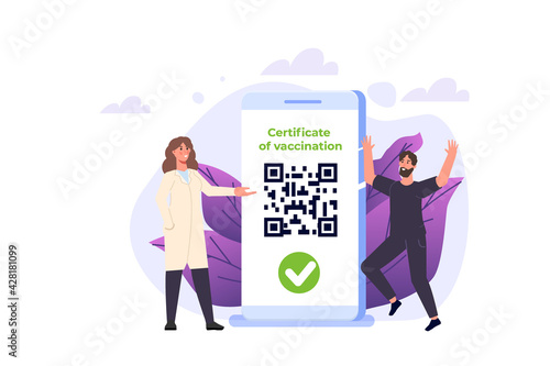 New normal, Vaccine mobile certificate or passport, QR code on application. Vector illustration.