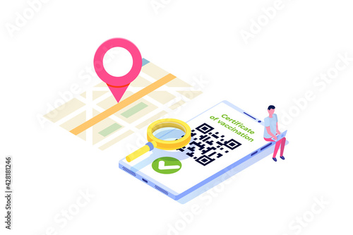 New normal, Vaccine mobile certificate or passport, QR code on application. Vector illustration.
