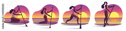 A girl in a swimsuit with a paddle stands on a surfboard. A set of Vector icons or stickers in a flat style on the theme of paddle surfing.