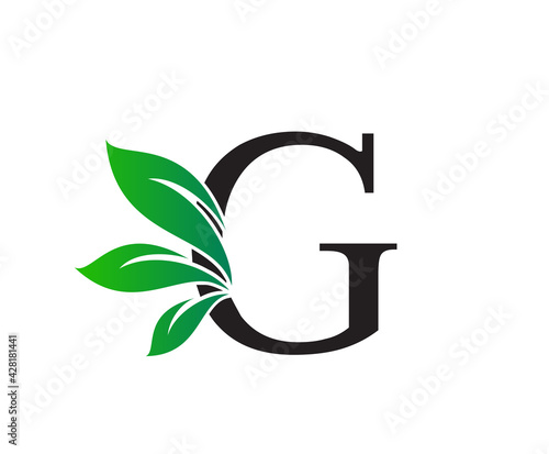 Letter G Logo with Green Leaves, Nature Logo or Icon Design Template.
