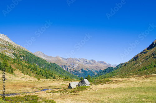 mountain valley with stones and meadows above, lush forests below and below rivers and villages