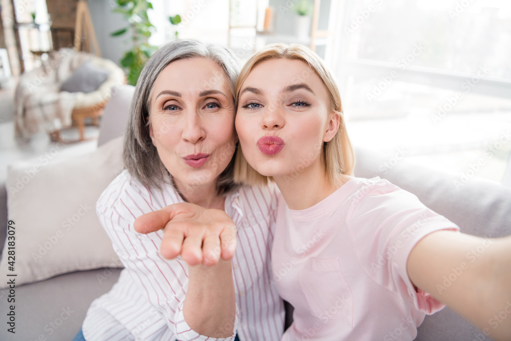 Self-portrait of two attractive elderly cheerful women sitting on cozy divan hugging sending air kiss at home house indoor Self-portrait of two attractive elderly cheerful women sitting on cozy divan hugging sending air kiss at home house indoor