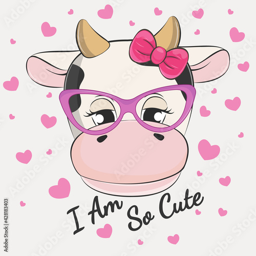 Cute romantic smile cartoon cow. Vector illustration.