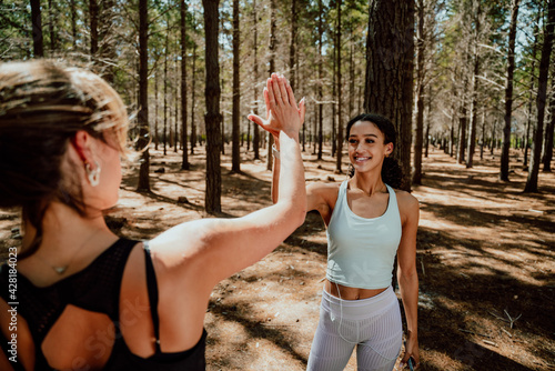 friends high fiving in forest exercising enjoying the outdoors