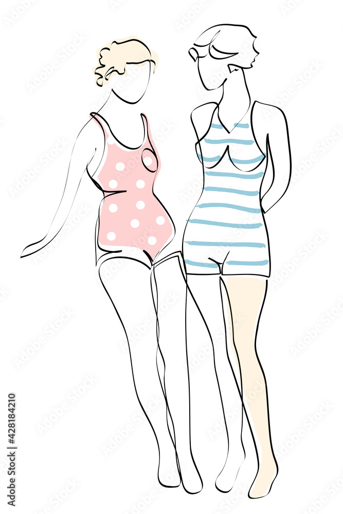 Girl wearing retro swimsuit at summer beach, continuous line style, fashion vector illustration, minimalist, ideal for t-shirt, print design, covers, posters Girl wearing retro swimsuit at summer beach, continuous line style, fashion vector illustration, minimalist, ideal for t-shirt, print design, covers, posters
