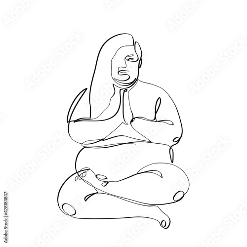 Plus size yoga woman. Abstract body positive female portrait, continuous line style. Minimalist fashion design, quick sketch, vector illustration for t-shirt, prints, covers, posters, logo, tattoo