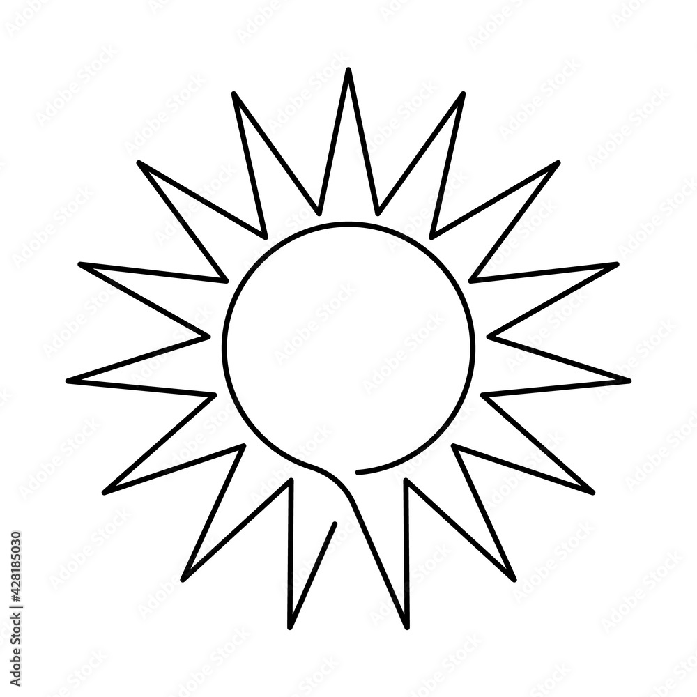 The sun is drawn by one black line on a white background. Summer one-line drawing. Continuous line. Vector Eps10