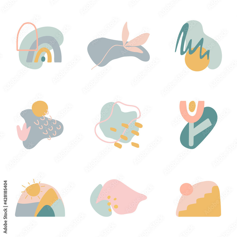 Minimal stylish cover templates. Organic shapes compositions set. Hand draw abstract design elements in pastel colors. Art form for social media stories, branding, banner, decor. Vector illustration