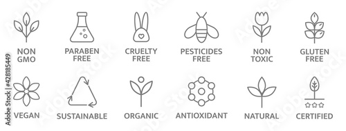 Natural and organic cosmetic line icons. Allergen free badges. Non toxic logo. Skincare symbol. Beauty product. Gluten and paraben free cosmetic. Eco, vegan label. Sensitive skin. Vector illustration