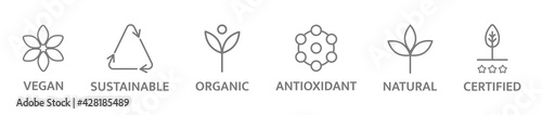 Organic and natural cosmetic line icons. Non toxic logo. Eco, vegan label. Allergen free badges. Skincare symbol. Beauty product. Gluten and paraben free cosmetic. Sensitive skin. Vector illustration